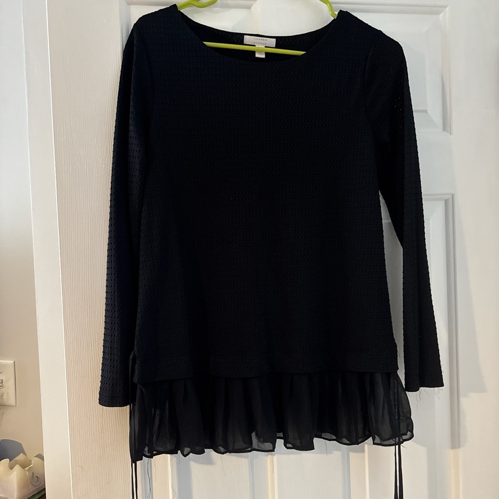LC Lauren Conrad Black Textured Blouse with Sheer Hem